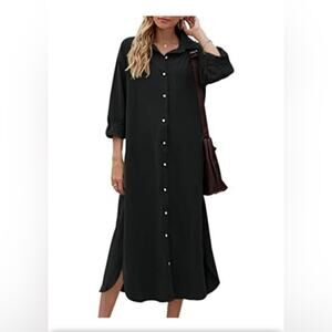 Sopliagon Women’s Shirt Dress Casual Loose Maxi Dress Long Sleeve Black Small